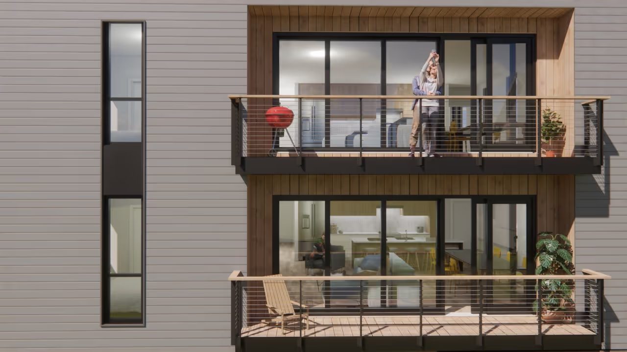 Rear decks of the 56 Cumberland Ave condo building in Portland, Maine