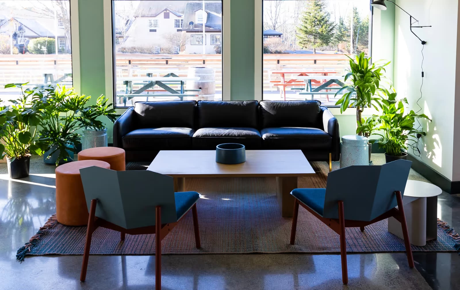 Dining area with fireplace and window seating