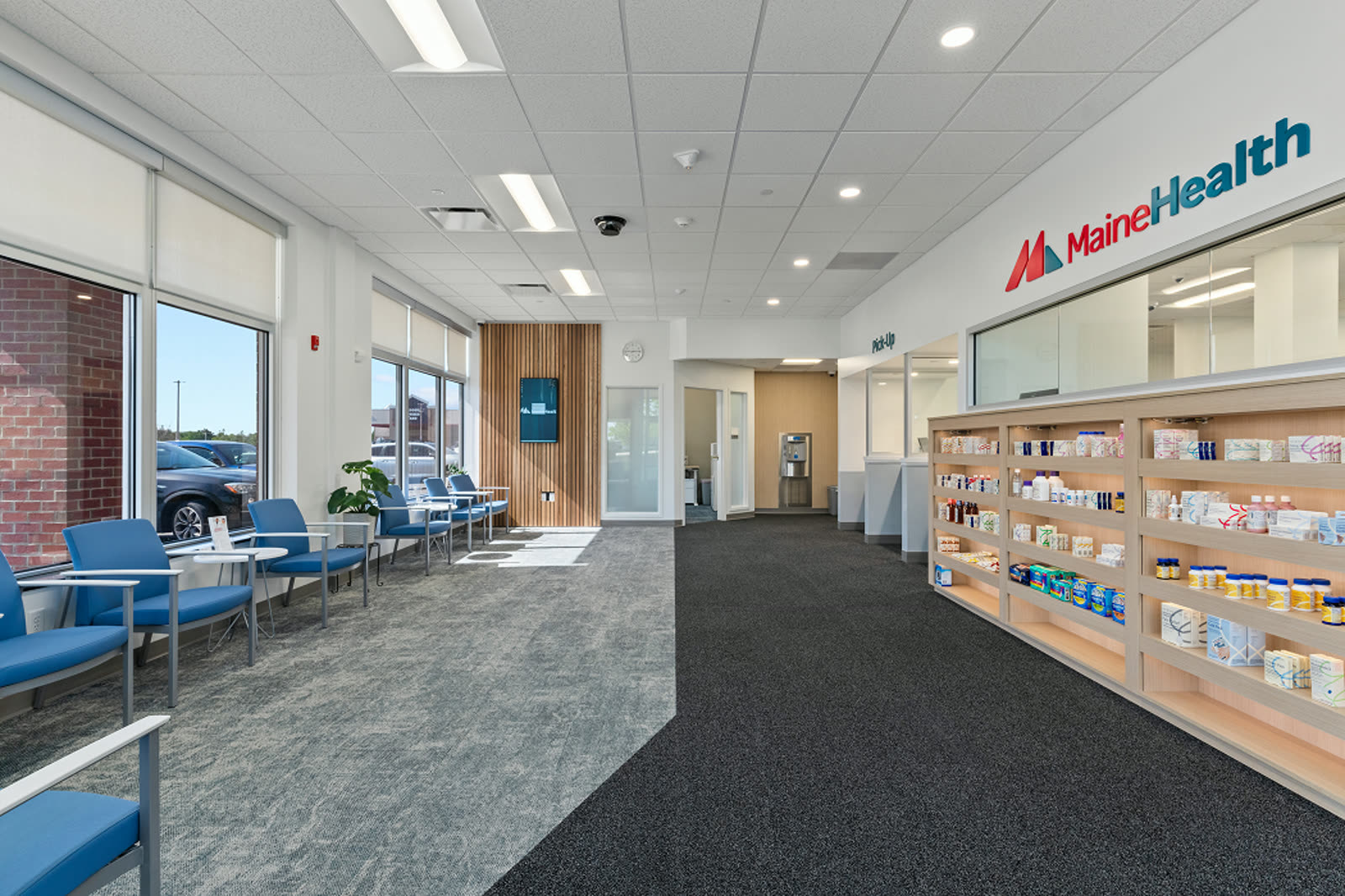 Pharmacy waiting area with seating