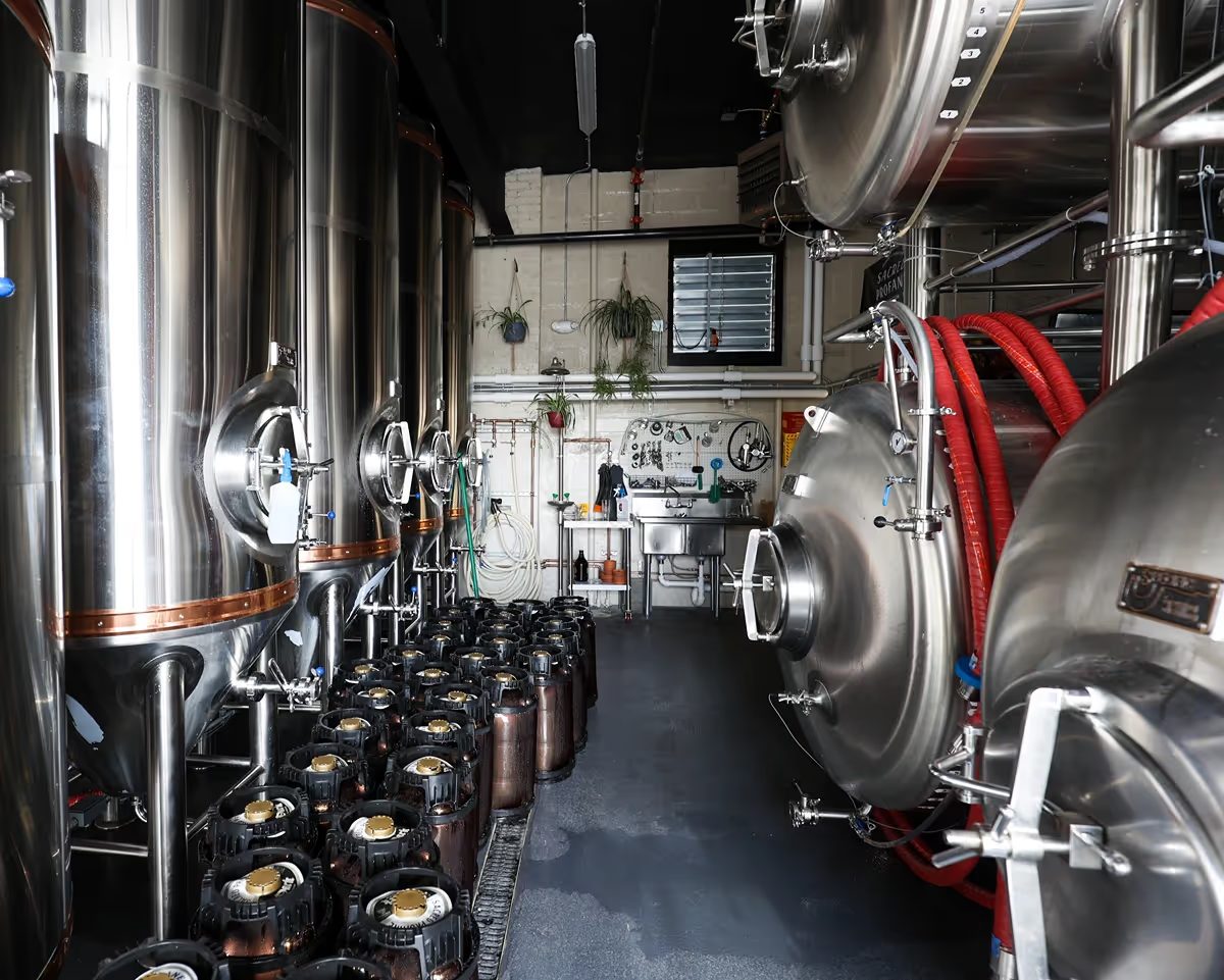 Stainless fermentation tanks and kegs in the Sacred Profane cellar