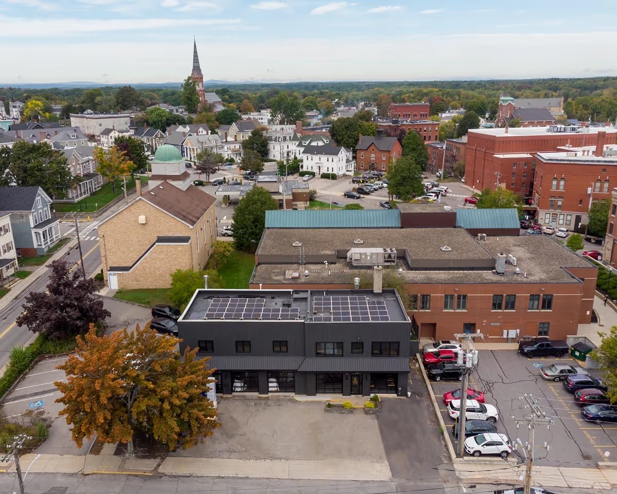 Aerial view of the Sacred Profane building in Biddeford, Maine