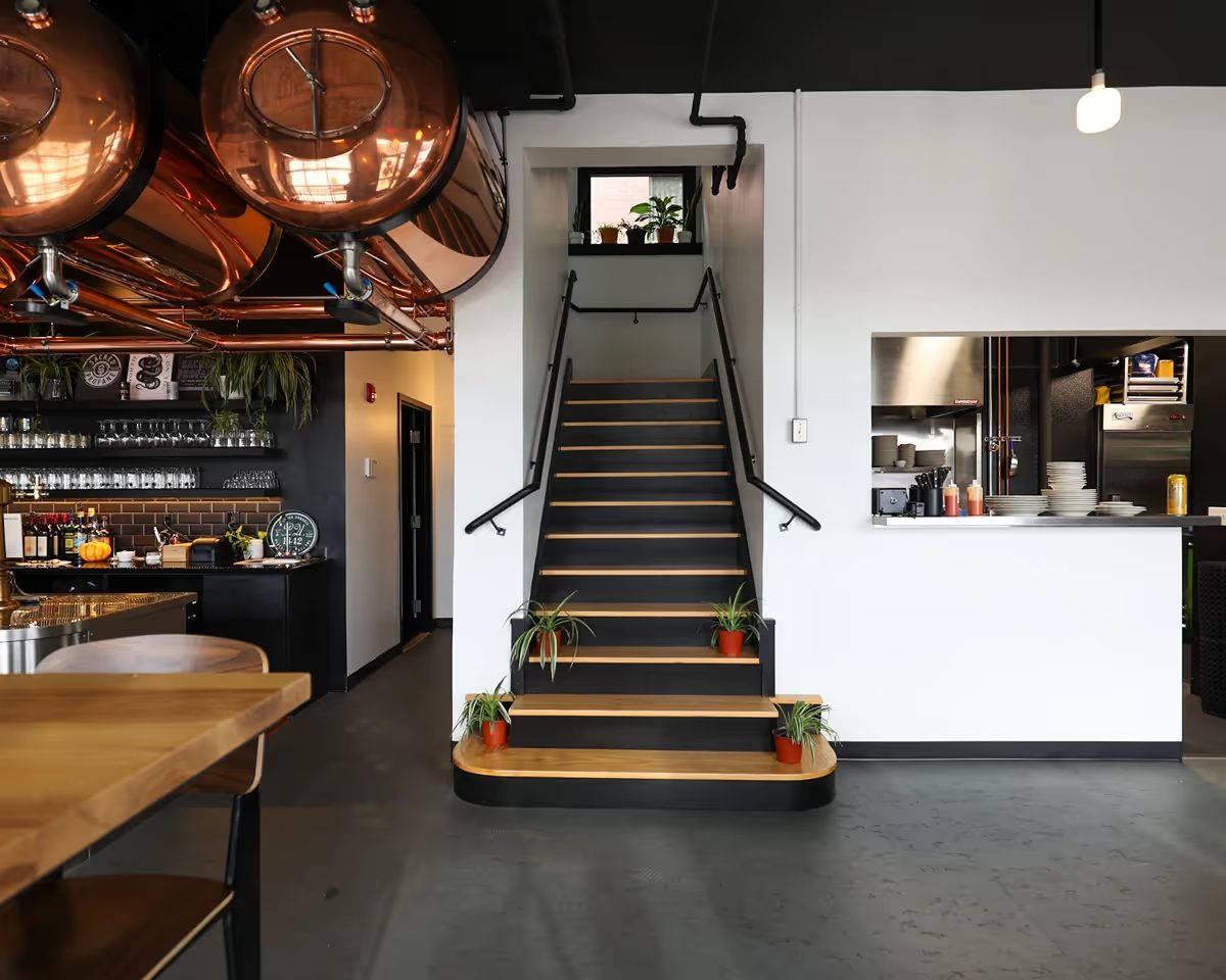 Stair connecting the two levels of the brewery and restaurant