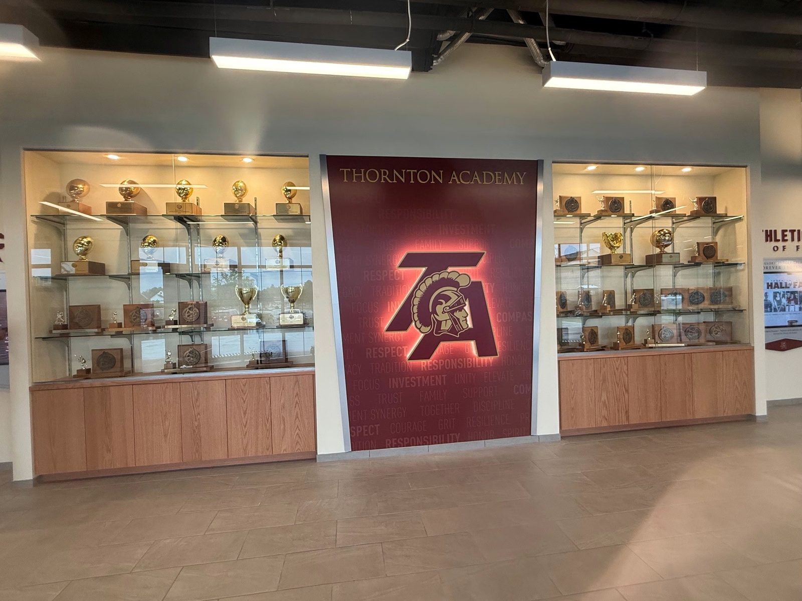 Trophy case and lobby at Miles Field House